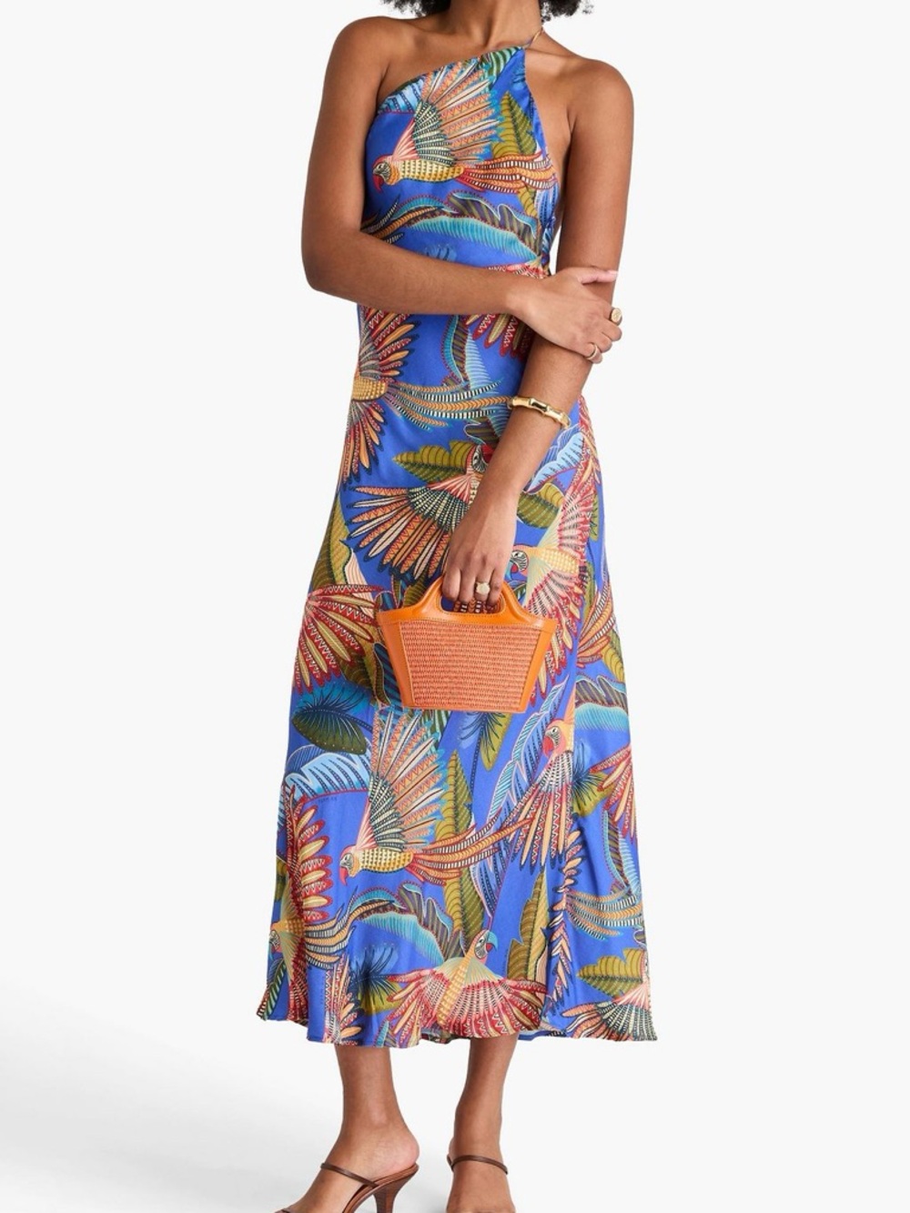 FARM Rio Blue MACAW FLIGHT Lenzing Ecovero Viscose One-Shoulder Midi Dress